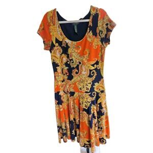 Vintage Ralph Lauren Women's Medium Fit And Flare Dress Orange Black Paisley